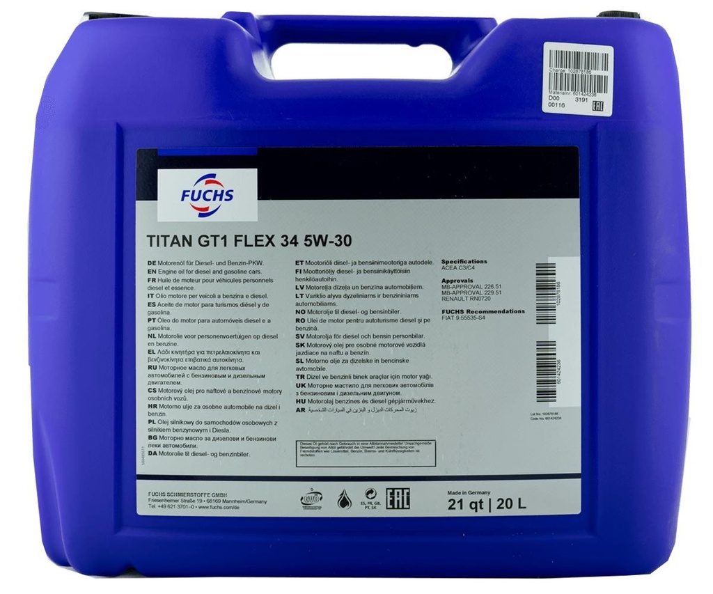 FUCHS TITAN GT1 FLEX 34 5W-30 Can 20L