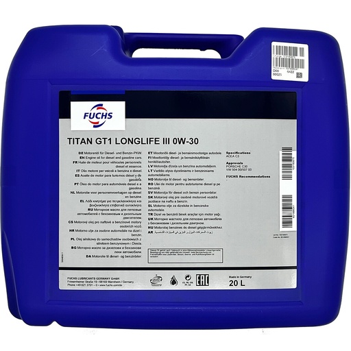 [601886041] FUCHS TITAN GT1 LONGLIFE III 0W-30 Can 20L
